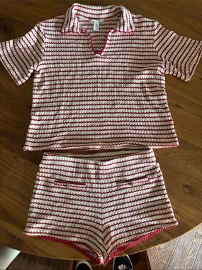 H&M Red and Cream Striped Knit Short Set